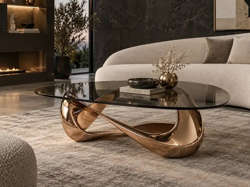 Bàn trà kính khói · chân điêu khắc